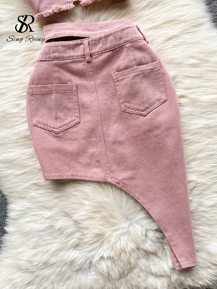 Two Piece Dress SINGREINY Denim Pink Sexy Women Sets Zipper Sashes Button Pocket Irregular Strapless Backless Top Denim Skirt Two Piece Set 230802