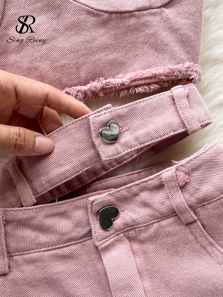 Two Piece Dress SINGREINY Denim Pink Sexy Women Sets Zipper Sashes Button Pocket Irregular Strapless Backless Top Denim Skirt Two Piece Set 230802