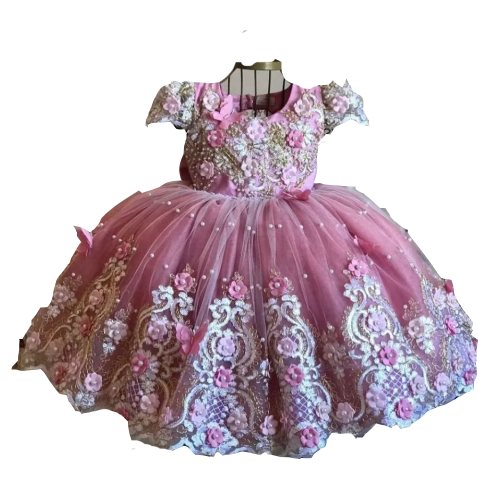 2023 Pink Flower Girls Dresses For Wedding Short Sleeeves Satin Lace Appliques Beads Flowers Children Kids Party Communion Gowns Ball Gown Back With B