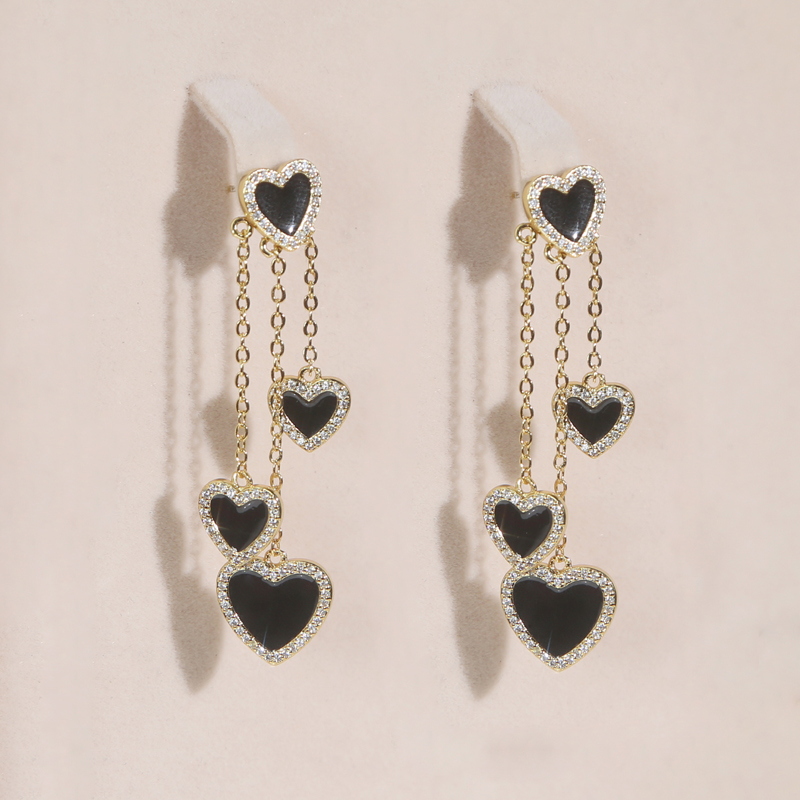 Black Enamel Heart Tassel Earrings: Iced Out CZ Pave Cubic Zircon, Long Chain, Hip Hop Style for Women