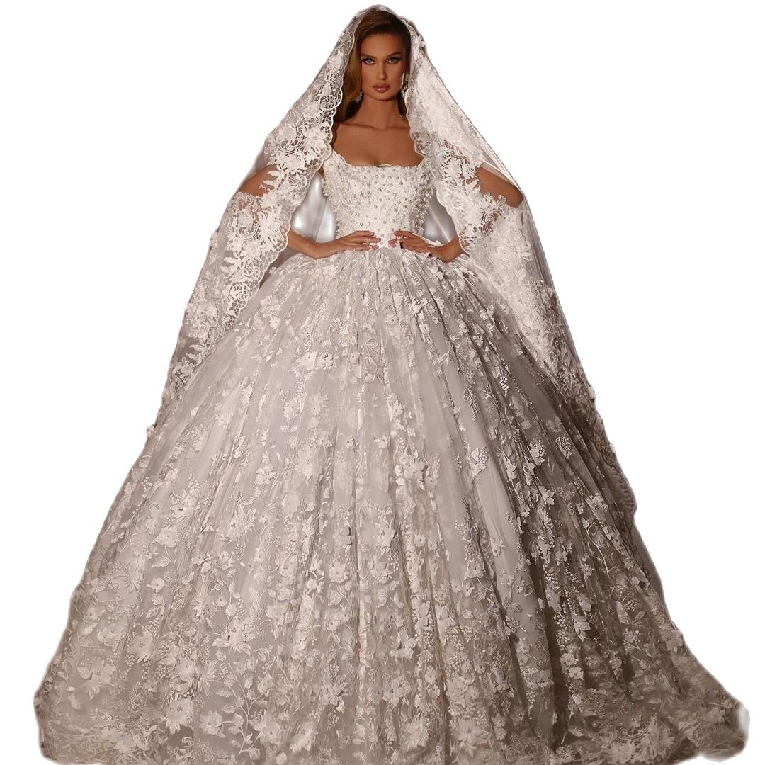 Lace Ball Gown Wedding Dress 3D Floral Appliques Bridal Gowns Beads Sweep Train Bride Dress vestido de casamento