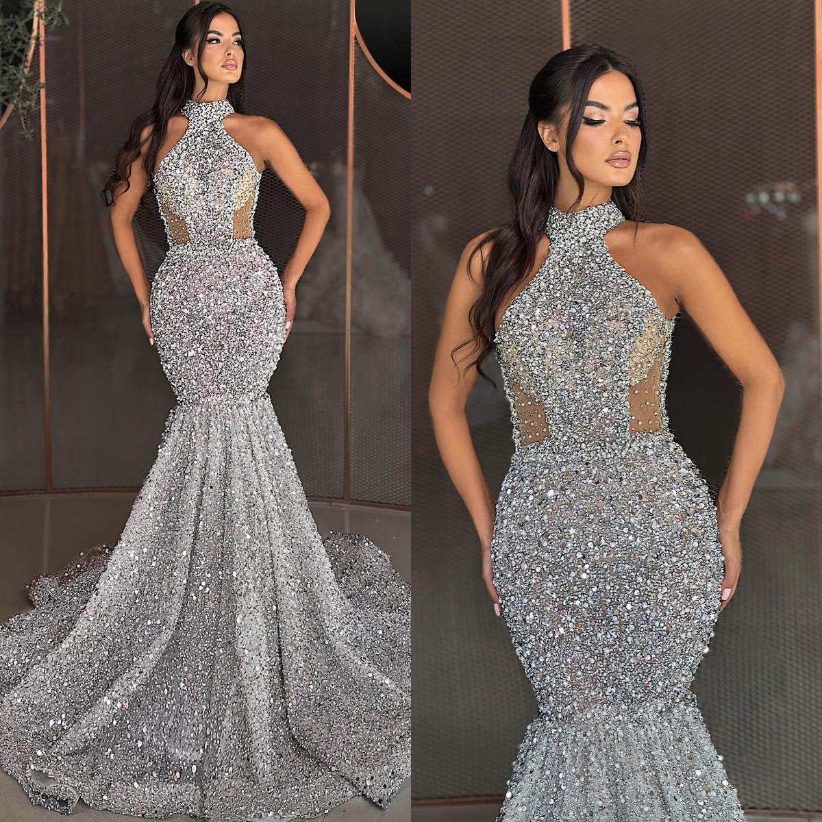 Elegant Sier Mermaid Evening Sequins Halter Formal Party Prom Dress Red Carpet Long Dresses For Special Ocn 0228Lz