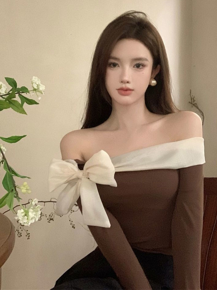 Women's Sweaters Off Shoulder Sweater Women Y2k Clothes Ladies French Style Elegant Sexy Slim Stretch Pullovers Spring Autumn Bow Slash Neck Tops