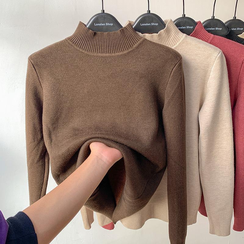 Women's Sweaters Vintage Turtleneck Winter Sweater Casual Knitted Pullovers Fashion Clothes Simple Fleece Lined Warm Knitwear Woman Base Top 2308