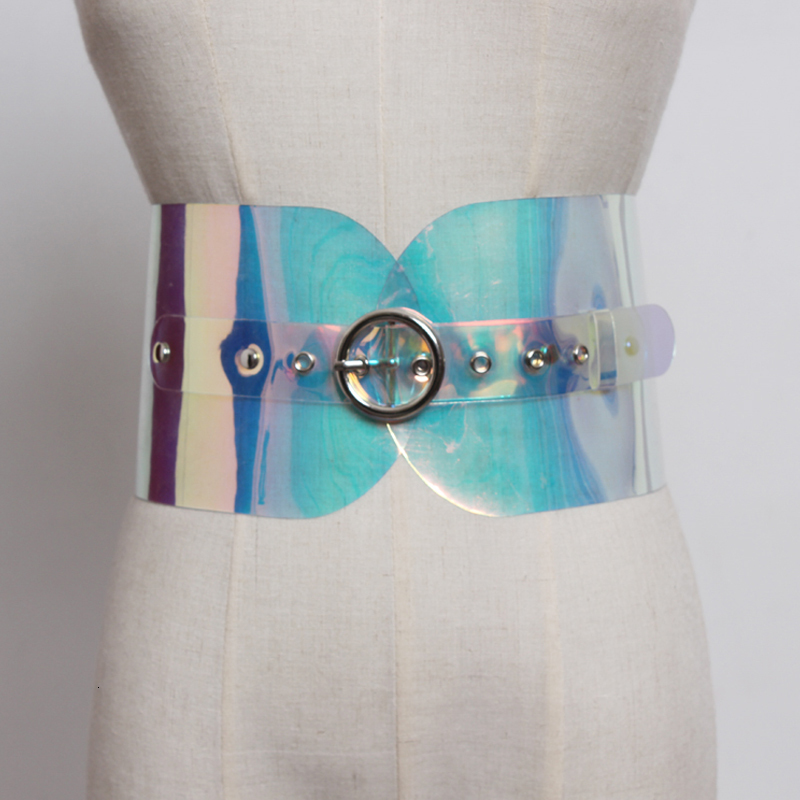 Other Fashion Accessories Silver Big metal Buckle Laser Magic Colourful PVC Fashion All-match Wide long Belt Women Straps Corset accessories 230802