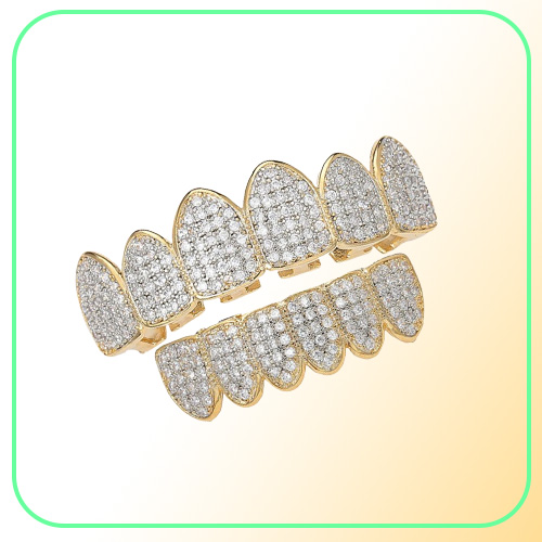 Hip Hop 14K Gold Vampire Teeth Grillz Iced Out Micro Pave Zircon Halloween Top Bottom Dental Grills Tooth Sets Jewelry For Men9558