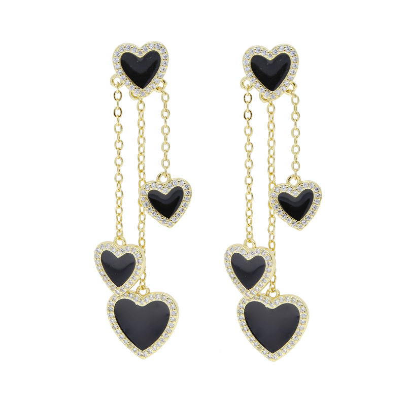 Black Enamel Heart Tassel Earrings: Iced Out CZ Pave Cubic Zircon, Long Chain, Hip Hop Style for Women