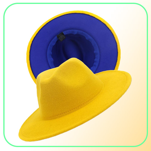 Fashion Yellow Blue Patchwork Wool Felt Fedora Hats for Men Women 2 Tone Hat Different Color Dress Hat Panama Jazz Trilby Cap