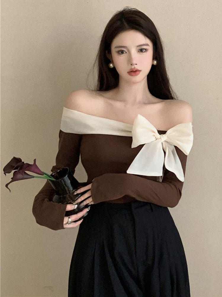 Women's Sweaters Off Shoulder Sweater Women Y2k Clothes Ladies French Style Elegant Sexy Slim Stretch Pullovers Spring Autumn Bow Slash Neck Tops
