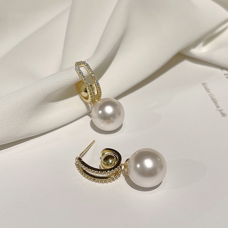 Stud Earrings S925 Silver Somen's Crystal Earrings A Multi-Wear C-Shaped Zircon Earrings Light Luxury Temperament Pearl All-Match Pendant Earring