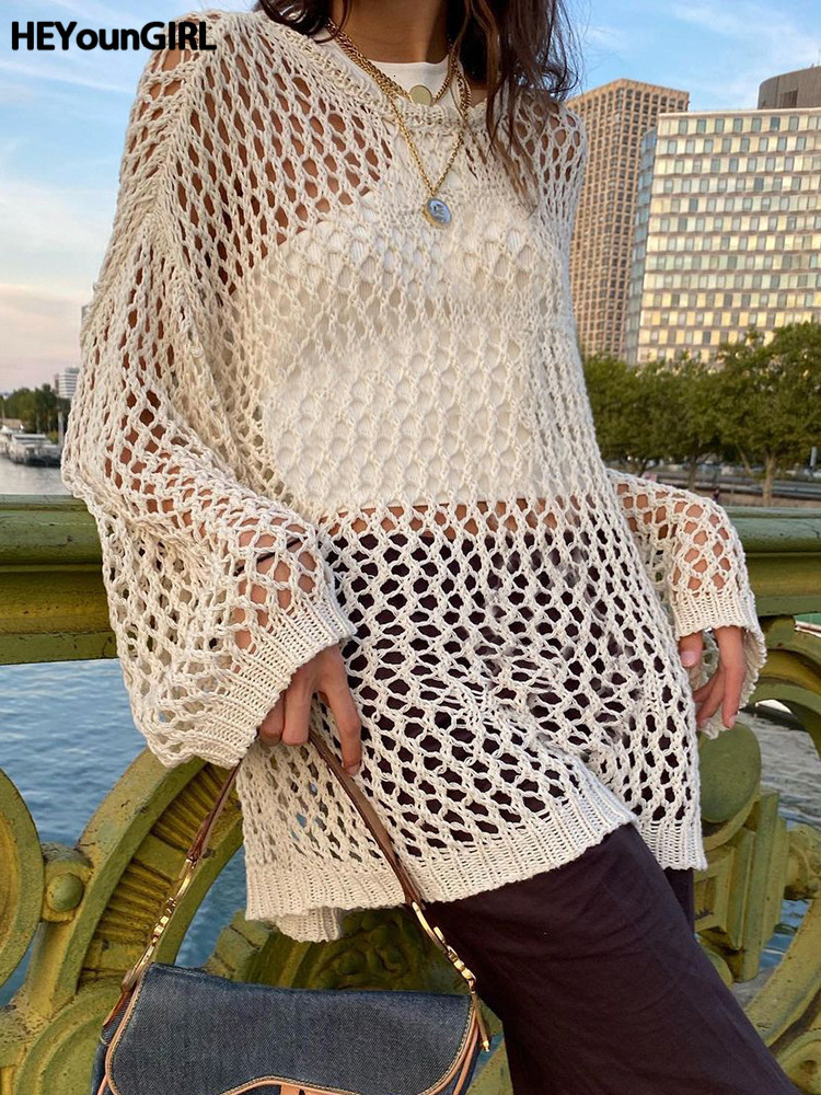 Women's Sweaters HEYounGIRL Vintage Casual Knit Sweater T-shirt Long Sleeve Y2K Hollow Out Smock Tops Loose Pullovers Tee Fashion Streetwear 2308