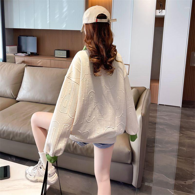 Womens Hoodies Korean Fashion Embroidery Harajuku Women Loose Patchwork Turn Down Collar Letter Jacquard Pullover Sweatshirts