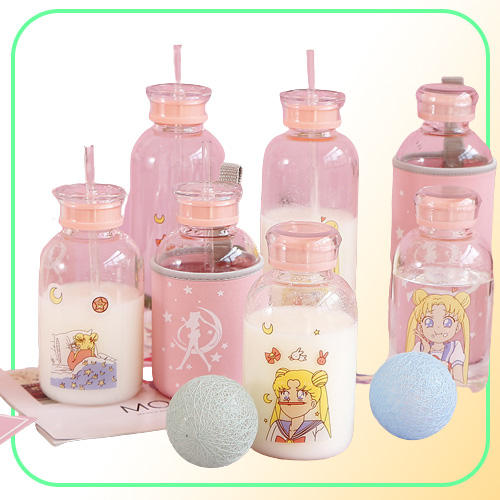 Sailor Moon Silicone Glass Bottles Kawaii Water Bottle Eco Friendly Glass with a Straw Glasses Cute Cups Waterbottle Me Bottle Cl2