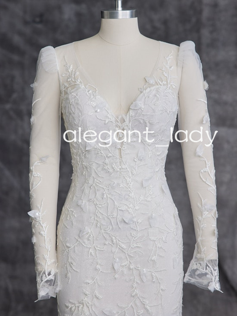 Deep V-neck Sexy Long Sleeve Backless Wedding Gown Lace Floral Sheer Mesh Mermaid Beach Bridal Dresses Outfits Wears