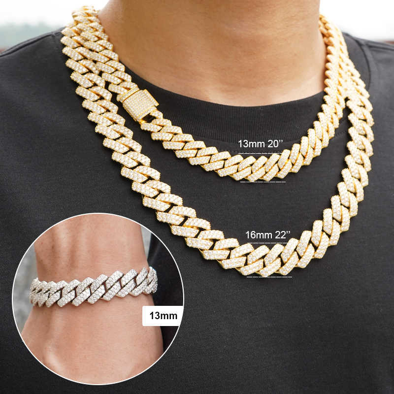 Designer bracelet with 2 rows of diasMens Moissanite Vvs Necklace Gold Plated Sier Jewelry Cuban Link Chain for Men