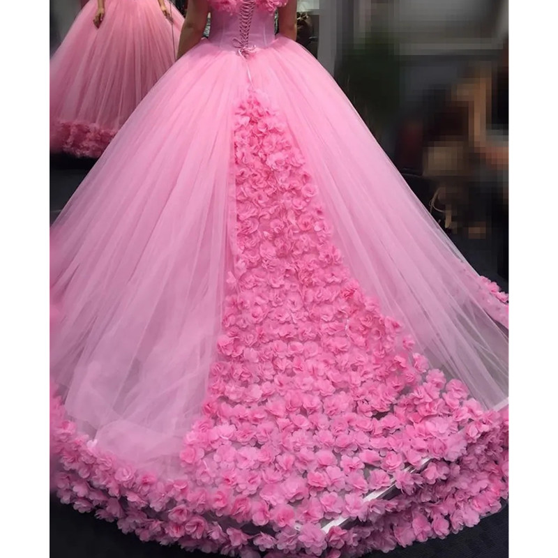 Pink Quinceanera Dresses Real Images Customer Show Ball Gowns Hand Made Wers Off Shoulder Ruffles Sweet 16 Dress Tulle Plus Size Vestidos 6660306
