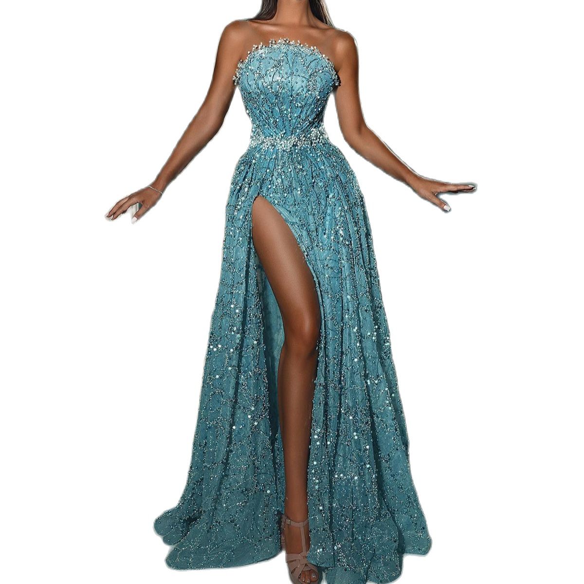 Sexy Sequins A Line Evening Dresses Fashion Strapless Prom Dress High Side Split PearlsFormal Party Gowns
