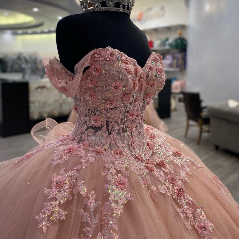 Pink Sweetheart Ball Gown Quinceanera Dress For Girls Beaded Birthday Party Gowns Prom Dresses 3D Flowers Vestido De 15 Anos