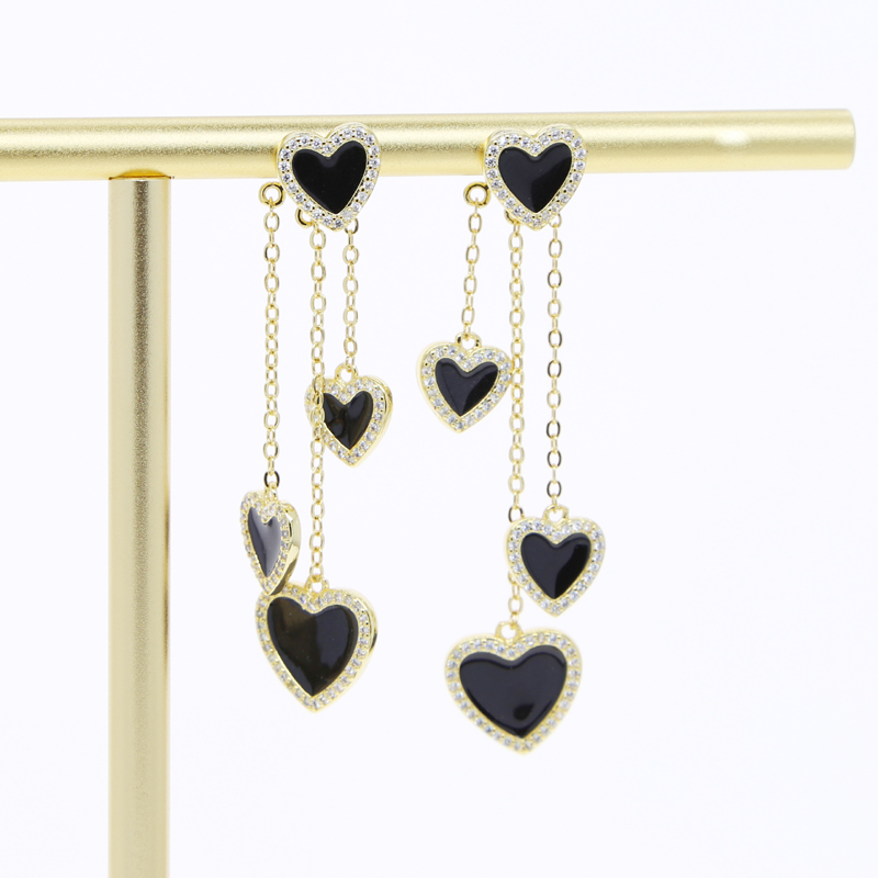 Black Enamel Heart Tassel Earrings: Iced Out CZ Pave Cubic Zircon, Long Chain, Hip Hop Style for Women