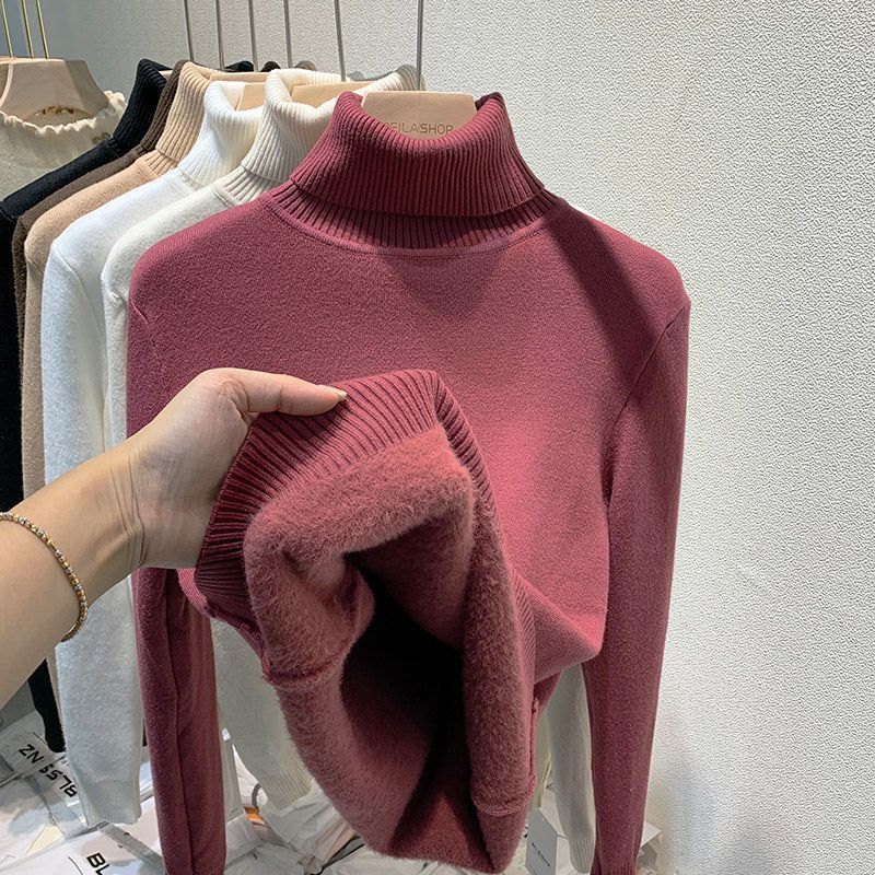 Women's Sweaters Thicken Warm Turtleneck Sweater Women Winter Solid Knitted Velvet Plush Fleece Lined Top Sueter Pullover Knitwear Jumper 230803