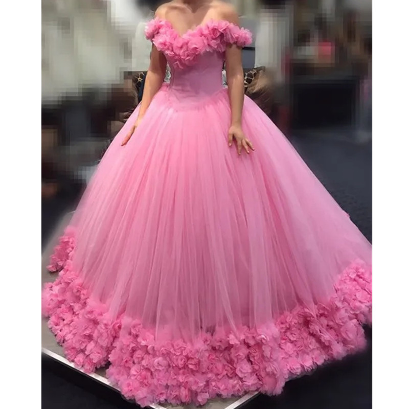 Pink Quinceanera Dresses Real Images Customer Show Ball Gowns Hand Made Wers Off Shoulder Ruffles Sweet 16 Dress Tulle Plus Size Vestidos 6660306