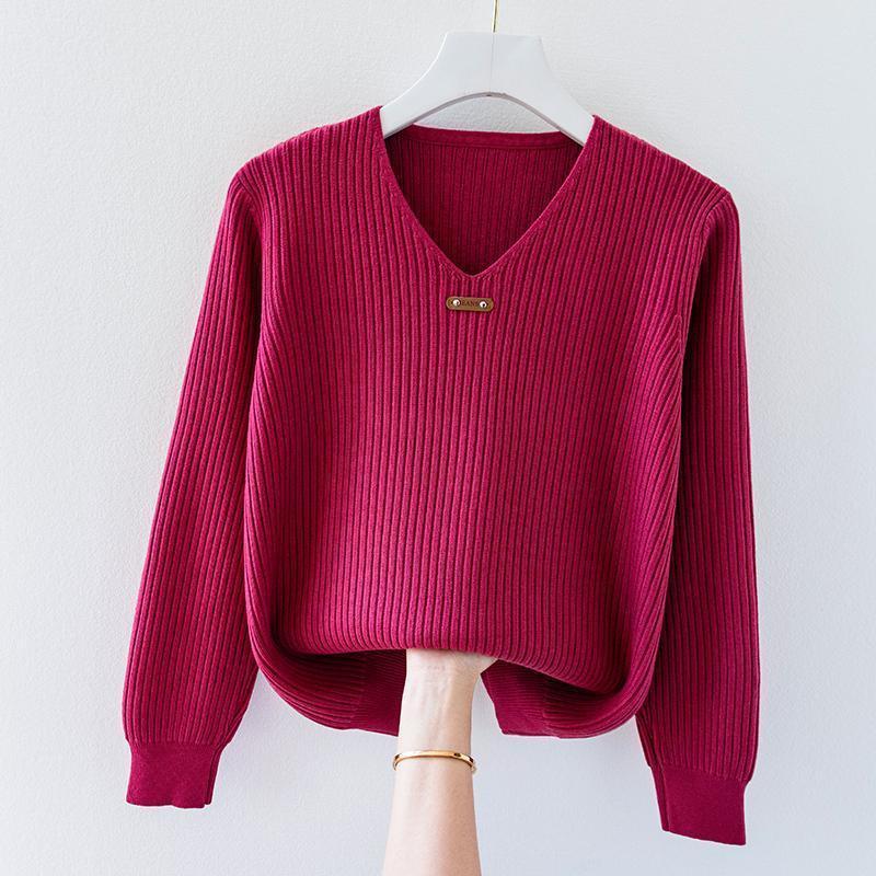 Women's Sweaters Fashion Women Long Sleeve Knitted Sweaters Spring Autumn Solid Slim V-Neck Korean Basic Casual Bottoming Pullovers Tops 230803