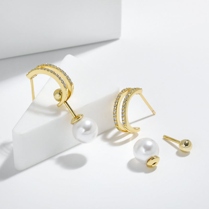 Stud Earrings S925 Silver Somen's Crystal Earrings A Multi-Wear C-Shaped Zircon Earrings Light Luxury Temperament Pearl All-Match Pendant Earring