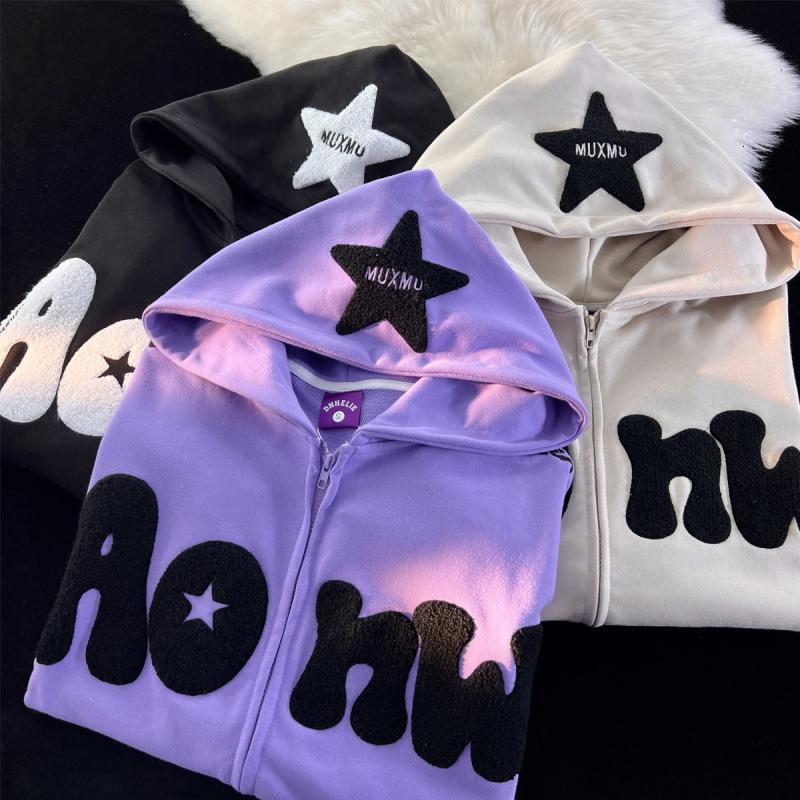 Women's Hoodies Sweatshirts Y2K Vintage Embroidered Hoodies Women Harajuku Hooded Zipper Sweatshirts Hip Hop Patchwork Long Sleeve Jacket Coats S