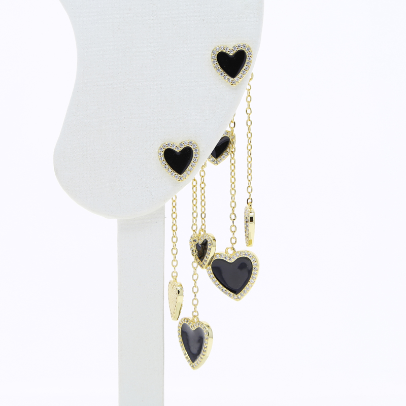 Black Enamel Heart Tassel Earrings: Iced Out CZ Pave Cubic Zircon, Long Chain, Hip Hop Style for Women