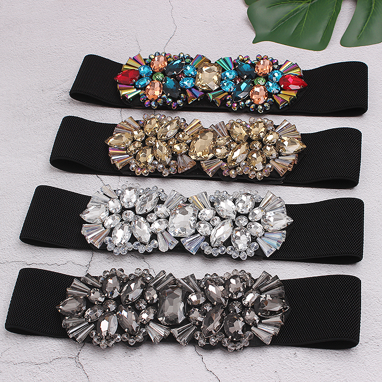 Other Fashion Accessories Geometric Big Crystal Gem Waist Belts Women White Grey Gold Colorful Bead Elastic Waistband Corset Strech Belts 230802