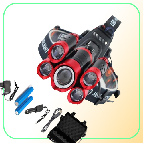 15000 Lumens 5 LED Headlamp T6 Headlight 4 modes Zoomable LED Headlamp Rechargeable Head Lamp Flashlight 2pcs 18650 Battery AC