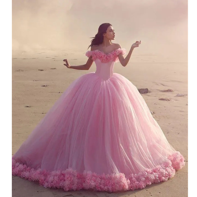Pink Quinceanera Dresses Real Images Customer Show Ball Gowns Hand Made Wers Off Shoulder Ruffles Sweet 16 Dress Tulle Plus Size Vestidos 6660306