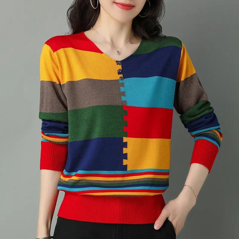 Women's Sweaters Clearance Pick Up Leaks Foreign Trade Women Long-Sleeved Color-Blocking Thin Pullover Sweater Female Knitting Loose Top Pullover