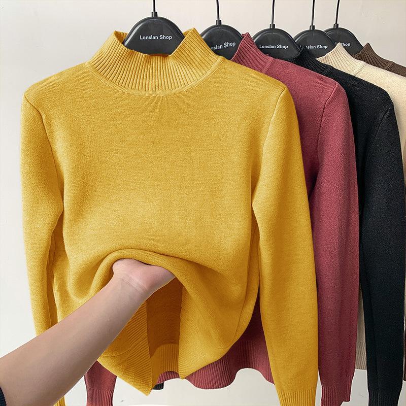 Women's Sweaters Vintage Turtleneck Winter Sweater Casual Knitted Pullovers Fashion Clothes Simple Fleece Lined Warm Knitwear Woman Base Top 2308