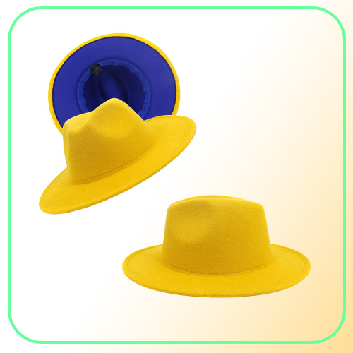 Fashion Yellow Blue Patchwork Wool Felt Fedora Hats for Men Women 2 Tone Hat Different Color Dress Hat Panama Jazz Trilby Cap