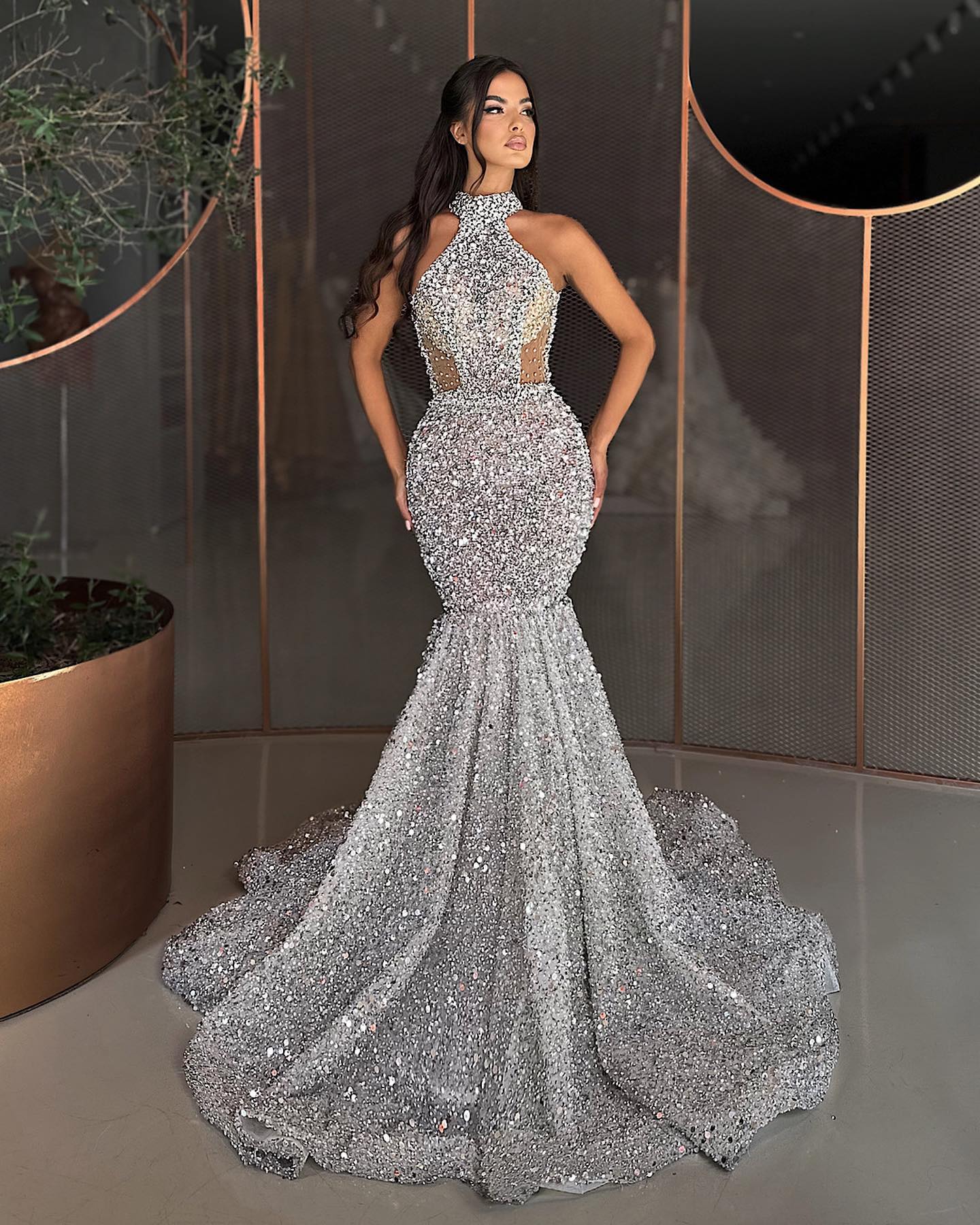 Elegant Sier Mermaid Evening Sequins Halter Formal Party Prom Dress Red Carpet Long Dresses For Special Ocn 0228Lz