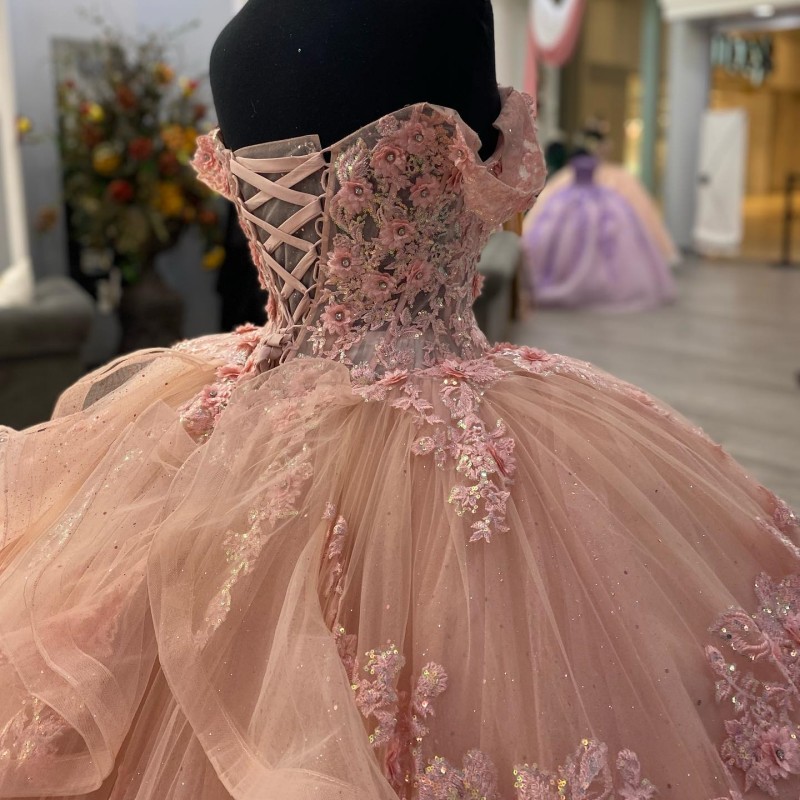 Pink Sweetheart Ball Gown Quinceanera Dress For Girls Beaded Birthday Party Gowns Prom Dresses 3D Flowers Vestido De 15 Anos