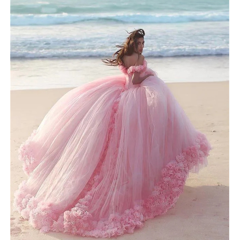 Pink Quinceanera Dresses Real Images Customer Show Ball Gowns Hand Made Wers Off Shoulder Ruffles Sweet 16 Dress Tulle Plus Size Vestidos 6660306