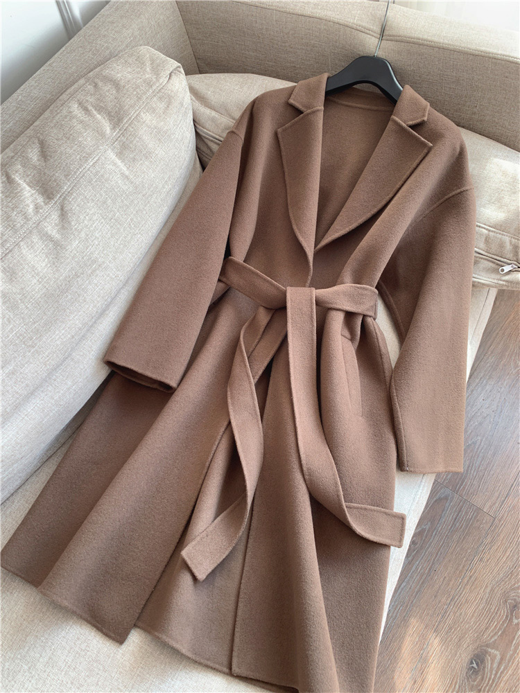 Women Blends 2023 Europe and the United States autumn temperament wool collected waist mid length double sided coat female 230803