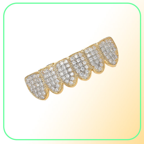 Hip Hop 14K Gold Vampire Teeth Grillz Iced Out Micro Pave Zircon Halloween Top Bottom Dental Grills Tooth Sets Jewelry For Men9558