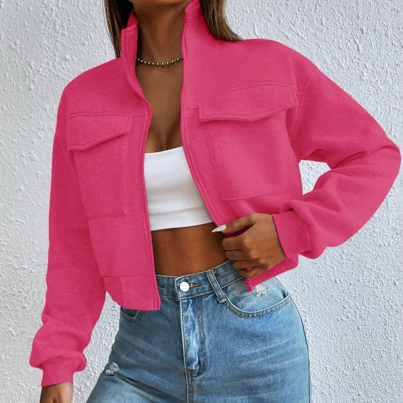 Womens Hoodies Women Stand Collar Short Hoodie Crop Tops Solid Color Jacket Casual Long Sleeve Pocket Sweatshirt Elasticized Hem And Cuffs