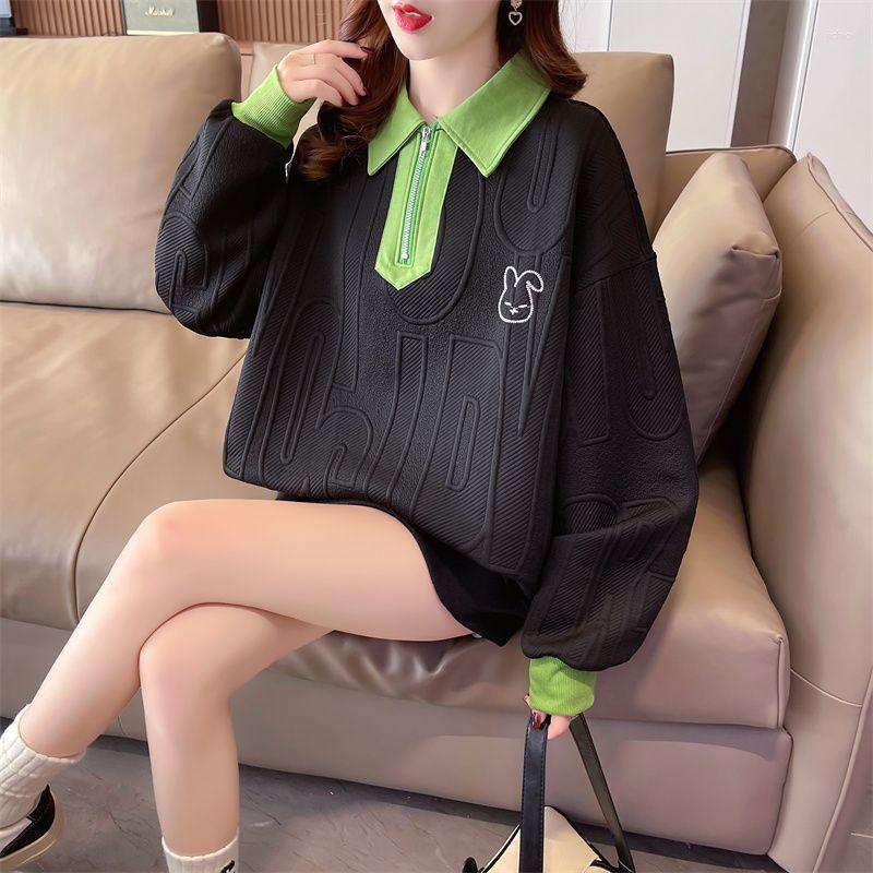 Womens Hoodies Korean Fashion Embroidery Harajuku Women Loose Patchwork Turn Down Collar Letter Jacquard Pullover Sweatshirts