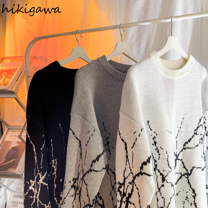 Women's Sweaters Hikigawa Japanese Sweaters Women Clothes Vintage Harajuku Oversized Tops Fashion Pullover Streetwear Gothic Print Black Sweater 