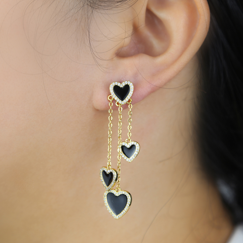 Black Enamel Heart Tassel Earrings: Iced Out CZ Pave Cubic Zircon, Long Chain, Hip Hop Style for Women