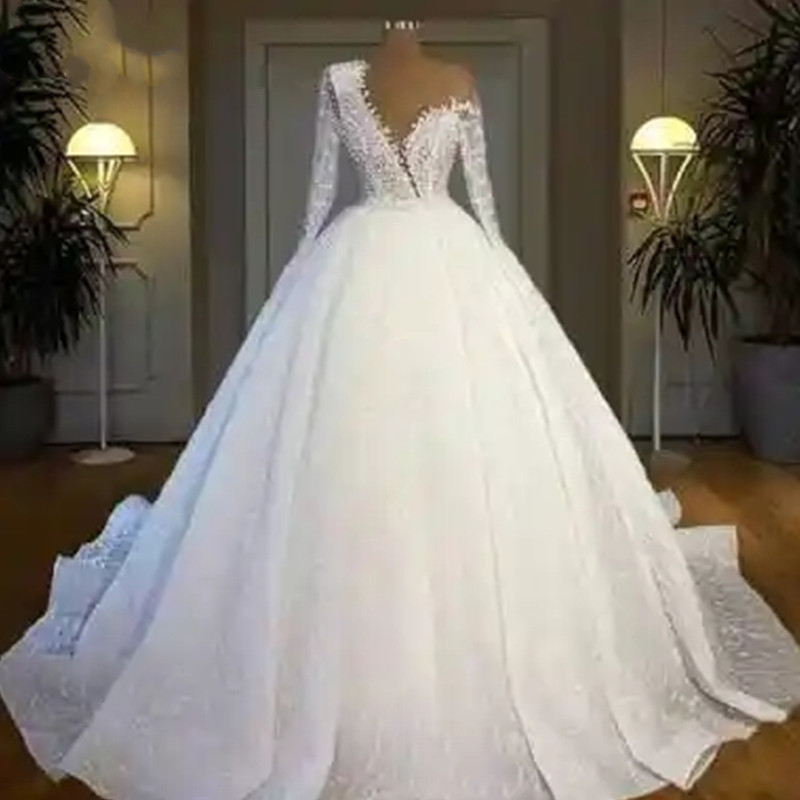 New Arrival Lace Wedding Dress Long Sleeve Beaded Ball Bridal Gown 328