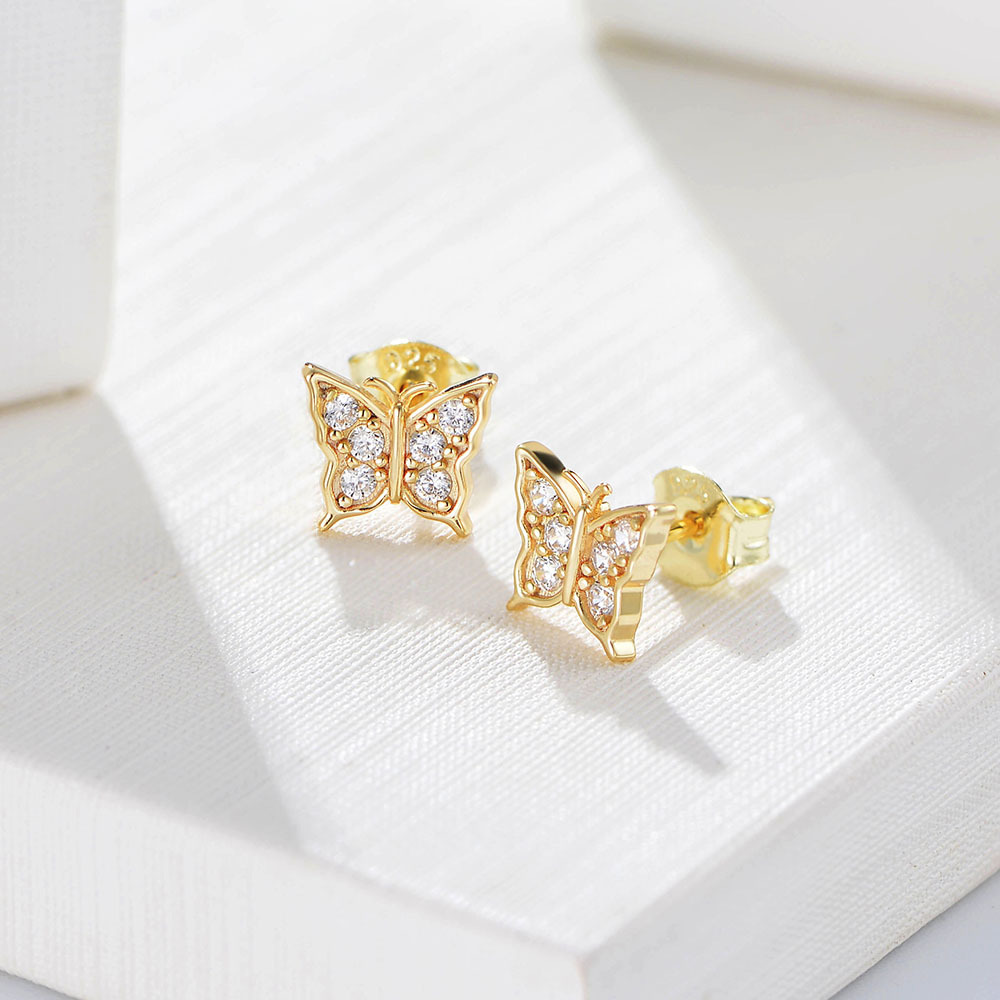 Stud Earrings S925 Silver Sterling Silver Women's Stud Earrings Designer Shiny Crystal Butterfly Hypoallergenic Earrings Simple Luxury Gold Diamo
