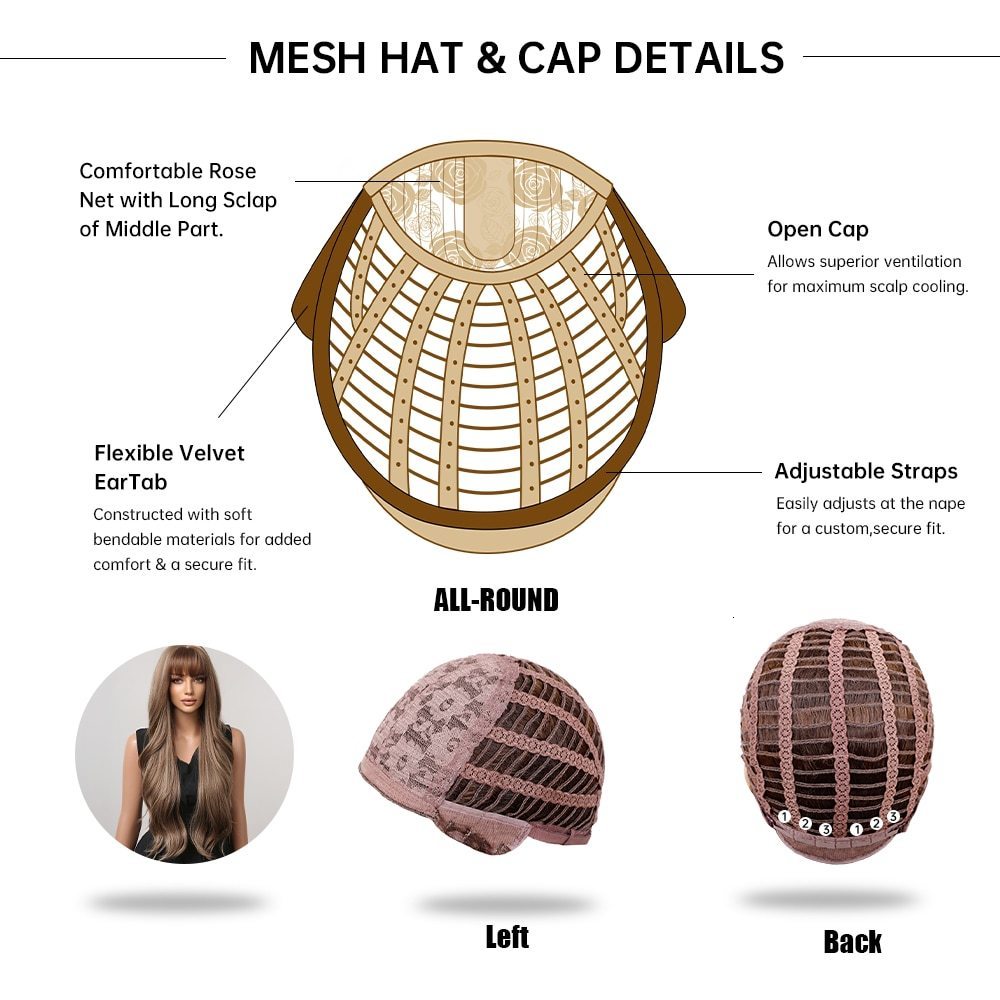 Wig Caps HAIRCUBE brown mixed blonde synthetic wig with Bang long wavy hair suitable for women's daily role-playing using heat-resistant 230803