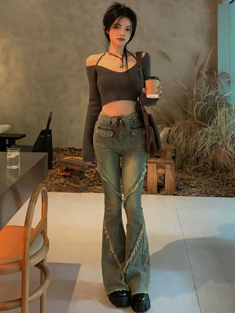 Women's Sweaters Y2K Women Korean Vintage Acubi Slim Cropped Sweater Aesthetics Long Sleeve Sweaters V Neck Gyaru Grunge Tight Pullovers Clothes 