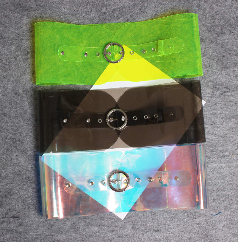 Other Fashion Accessories Silver Big metal Buckle Laser Magic Colourful PVC Fashion All-match Wide long Belt Women Straps Corset accessories 230802