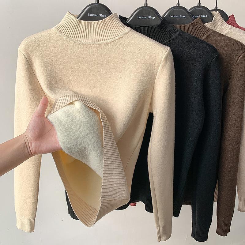 Women's Sweaters Vintage Turtleneck Winter Sweater Casual Knitted Pullovers Fashion Clothes Simple Fleece Lined Warm Knitwear Woman Base Top 2308